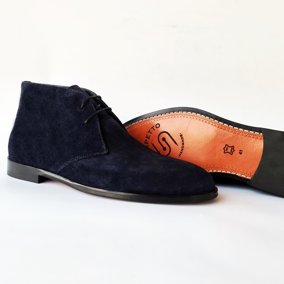 Suede Navy Blue Chukka Boots, Mens Lace-up Ankle Boots, Hand-Stitched Sole - Picture 3 of 5